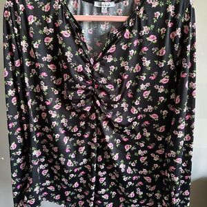 White Birch Black with Pink Floral Ruched Long Sleeve Blouse - 1X